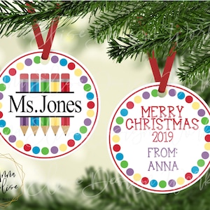Teacher Round Christmas Ornament, Colored Pencils, Polka Dots, Split Design, Customized, School, Sublimation, Template, Teacher Gift