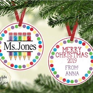 Teacher Round Christmas Ornament, Colored Pencils, Polka Dots, Split Design, Customized, School, Sublimation, Template, Teacher Gift