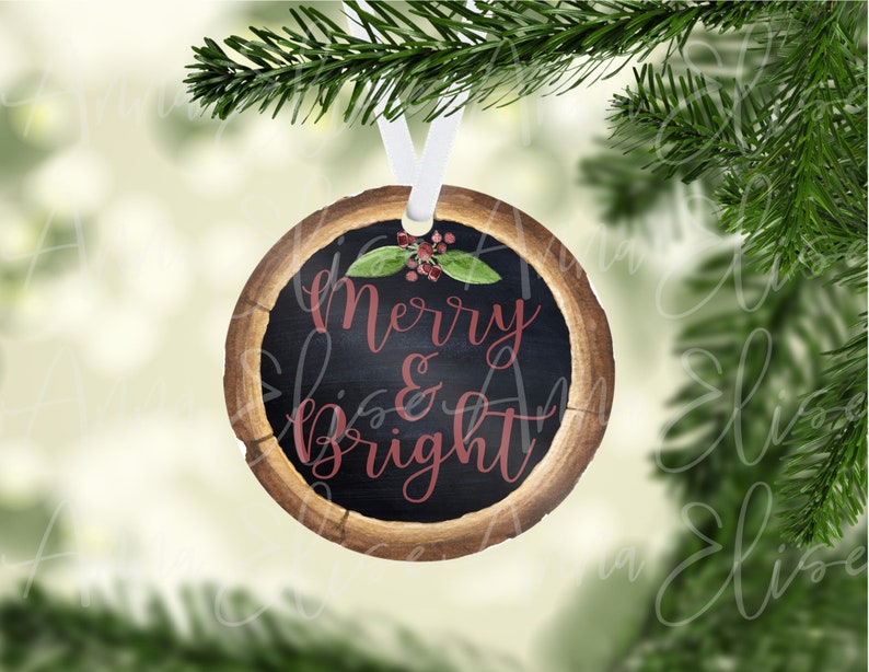 Download Merry and Bright Wood Slice Christmas Ornament Sublimation ...