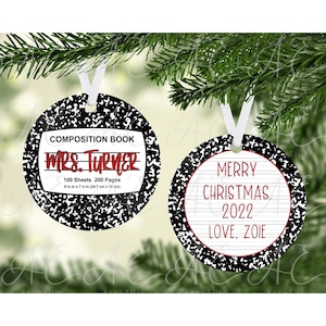Christmas Composition Book Teacher&#39;s Holiday Ornament Design, Personalized Teacher&#39;s Ornament, Sublimation Template
