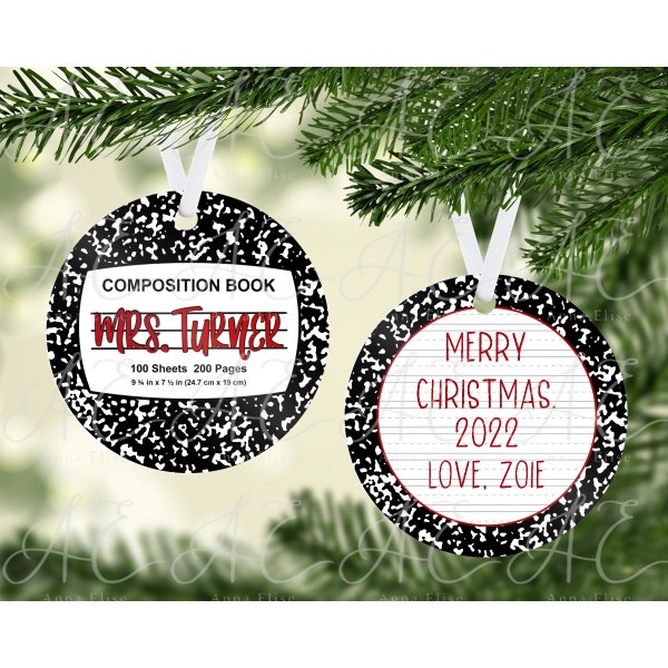 Christmas Composition Book Teacher's Holiday Ornament Design, Personalized Teacher's Ornament, Sublimation Template