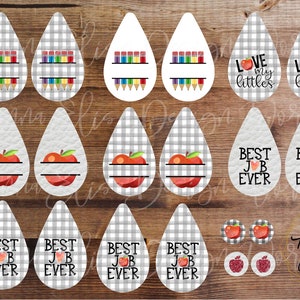 May include: Set of 12 teacher-themed sublimation designs for earrings. The designs feature a variety of images, including apples, pencils, and gingham patterns. The text on the designs includes "Love my littles", "Best Job Ever", and "Best Job Ever".