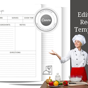 RECIPE TEMPLATE for COOKBOOK | Modern White Minimal Recipe Page & My Notes Page | Editable In Canva To Create Your Own Cookbook |