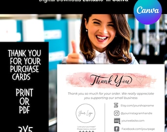 Thank You For Your Purchase Card Template: Customizable Canva Design (Digital Download)