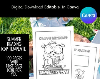 Kids Summer Reading Journal KDP Interior Template: 8.5x11, 100 Pages (Canva Editable, Digital Download)