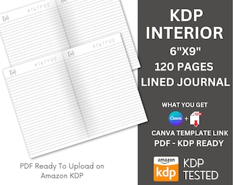 Páginas de diario rayadas KDP: 15 x 23 cm, interior de 120 páginas (PDF y plantilla de Canva)