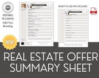 Real Estate Offer Summary Sheet: Realtor Presentation (Canva Template, Instant Download)