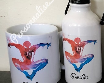 Gourde mug personnalisé spider man revisité aquarelle, mug personnalisable prenom spider man , gourde spider man