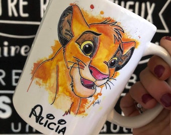 Mug tasse simba roi lion revisité aquarelle , simba tasse personnalisée