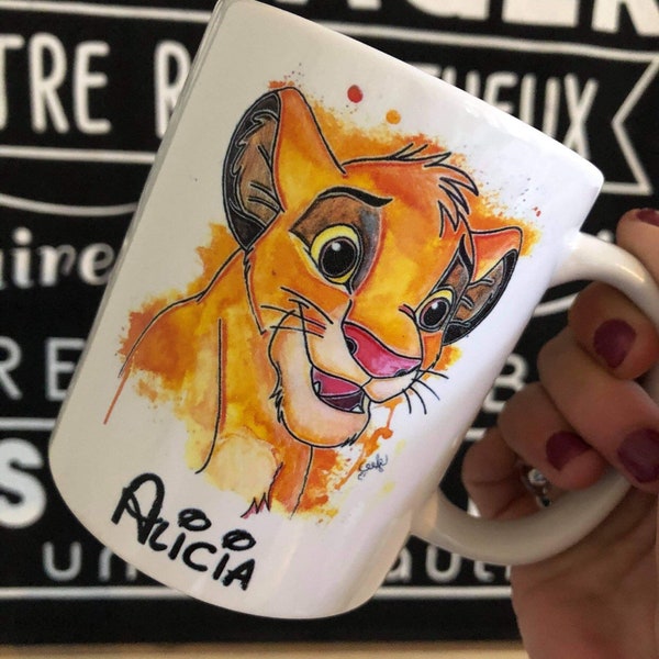 Mug tasse simba roi lion revisité aquarelle , simba tasse personnalisée