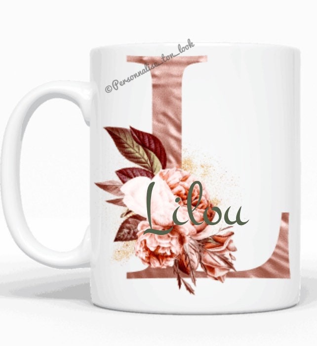 Mug Personnalisé Prénom et Initiale, Tasse Initiale Ornement Fleurs