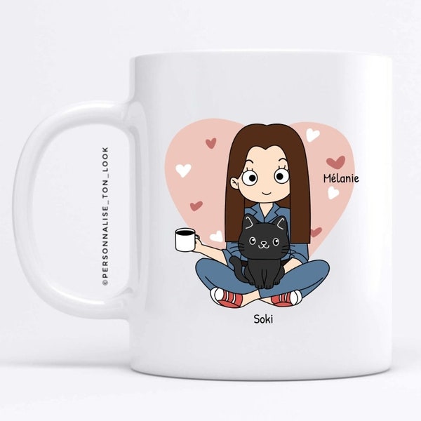 Mug dessin maître et chat / chaton tasse personnalisé animaux prénoms mug personnalisable chat - portrait chat animaux de compagnie