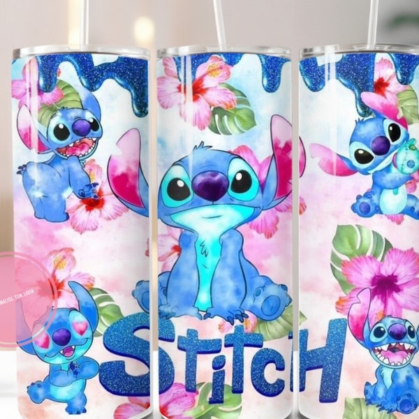 Personalisierter Edelstahlbecher mit isoliertem Stitch-Glitzer-Ohana-Kaffee