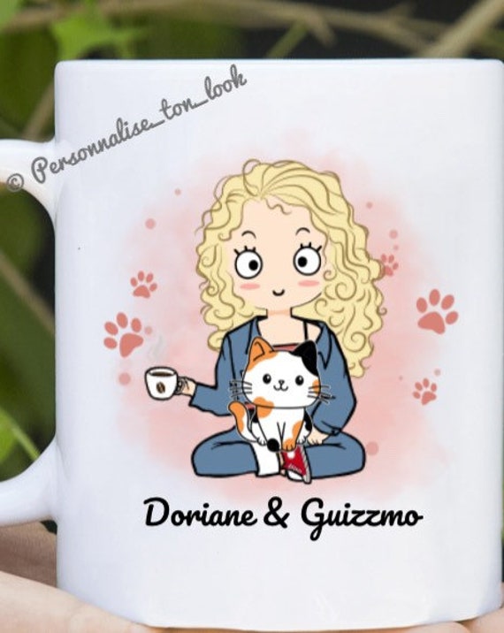 Mug Dessin Maître et Chat Tasse Personnalisé Animaux Prénoms Mug Personnalisable Cat de Compagnie