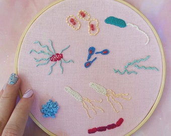 Bacteria Embroidery Hoop, 6in embroidery, science embroidery, biology embroidery, science office decor, microbiology art, science art