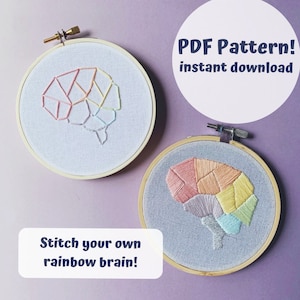 Rainbow Brain Embroidery Pattern, Brainbow, Beginner Embroidery PDF Pattern, Science Art, Science Embroidery, Nerdy DIY, Biology Embroidery