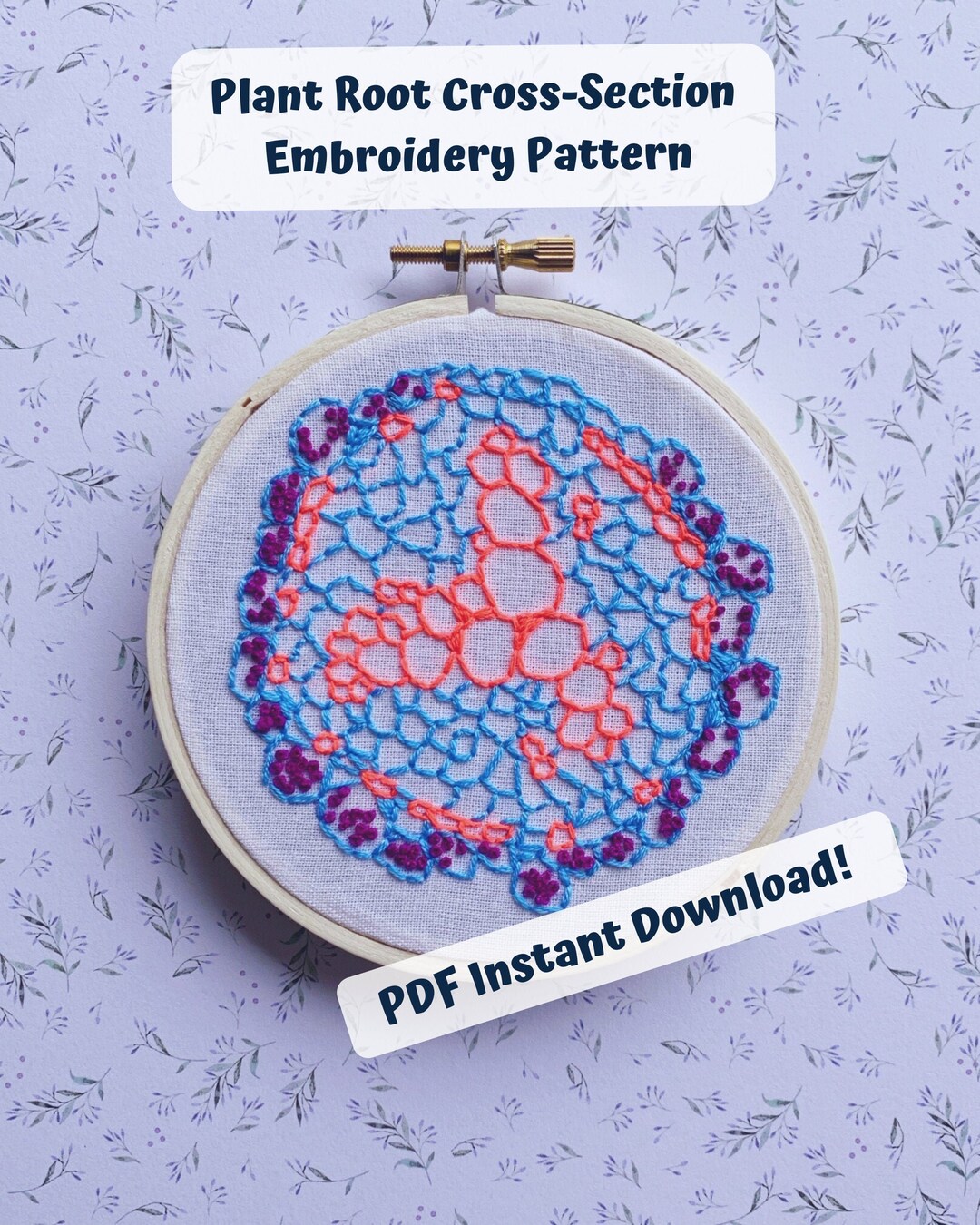 Plant Root Cross Section Embroidery Pattern, Biology Embroidery. DIY