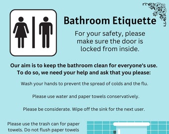 Etiqueta en el baño: póster, folleto para invitados y empleados del baño, ayuda a mantener sus baños limpios a diario, para baños de hombres y mujeres