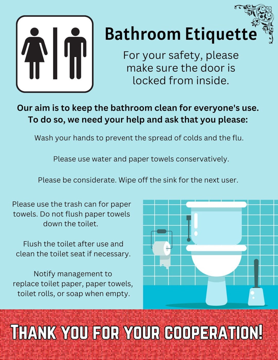 Bathroom Etiquette Poster, Flyer for Bathroom Guests and Employees
