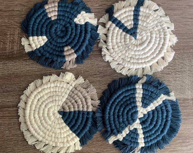 Macrame Coasters, Navy + Taupe