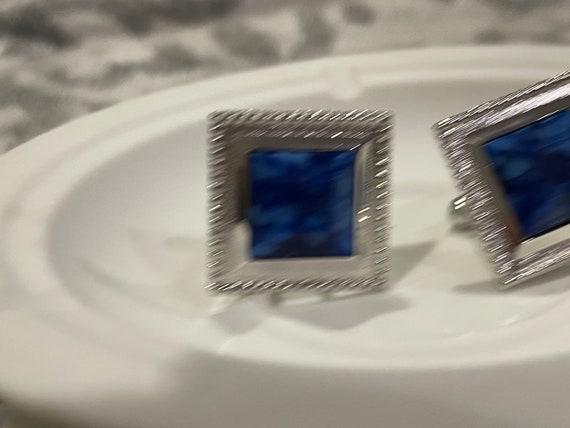 1980s Silver-tone Square cufflinks with marbled a… - image 3