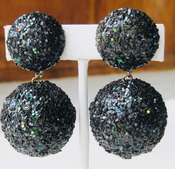 Signed Les Bernard Black Glitter Ball Drop Earrin… - image 4