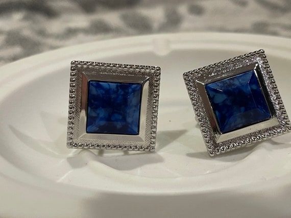 1980s Silver-tone Square cufflinks with marbled a… - image 1