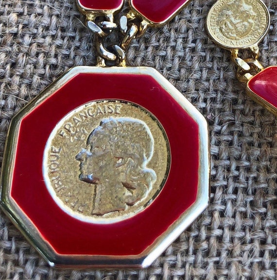 1970s RARE Goldette RED enamel French Coin Neckla… - image 3