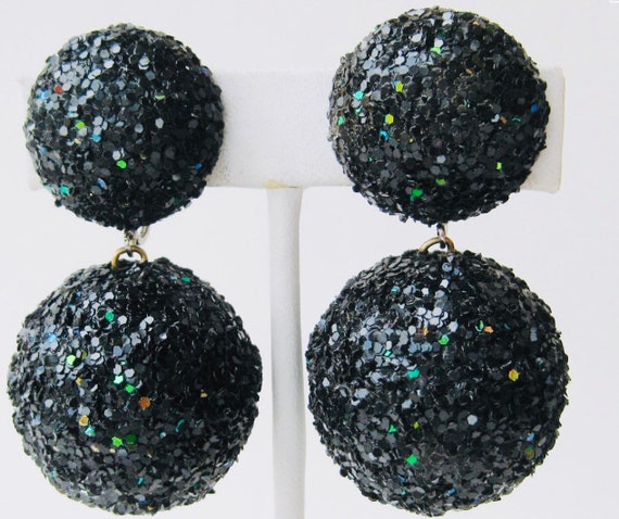 Signed Les Bernard Black Glitter Ball Drop Earrin… - image 1