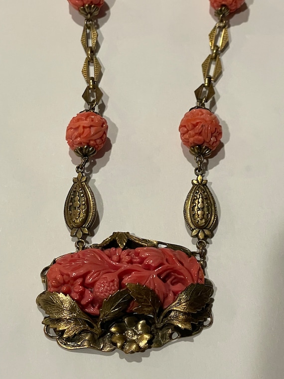 Antique Czech Art Nouveau Carved Coral Colored Cel