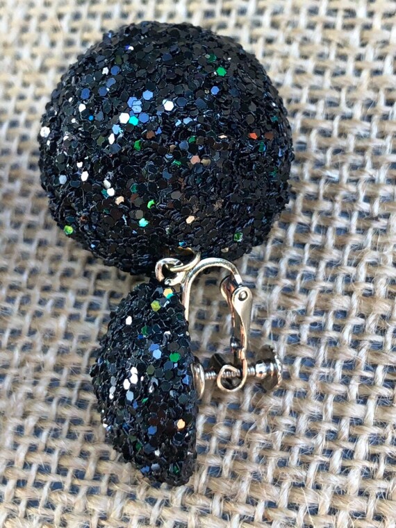 Signed Les Bernard Black Glitter Ball Drop Earrin… - image 2