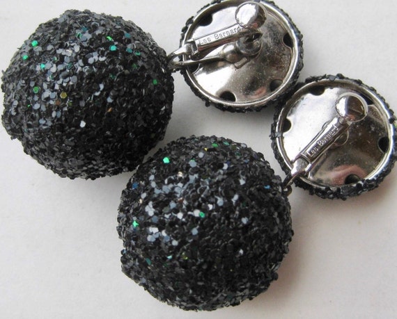 Signed Les Bernard Black Glitter Ball Drop Earrin… - image 5