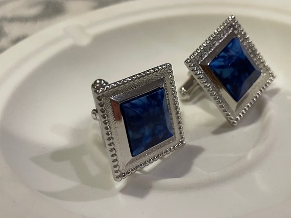 1980s Silver-tone Square cufflinks with marbled a… - image 4