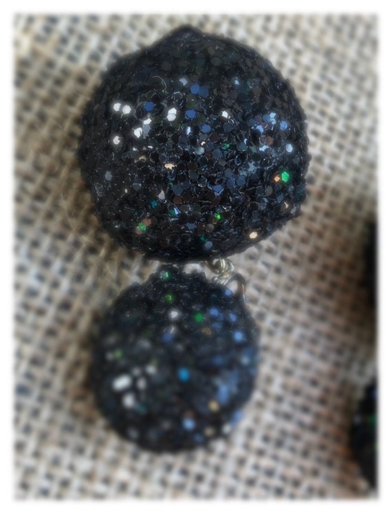 Signed Les Bernard Black Glitter Ball Drop Earrin… - image 8