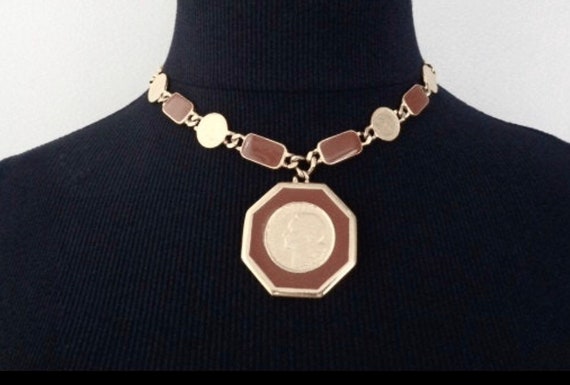 1970s RARE Goldette RED enamel French Coin Neckla… - image 8