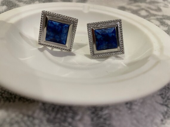 1980s Silver-tone Square cufflinks with marbled a… - image 2