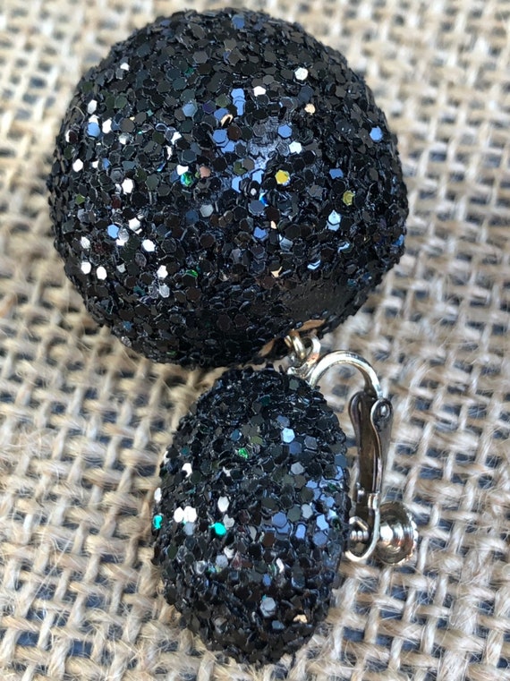 Signed Les Bernard Black Glitter Ball Drop Earrin… - image 7