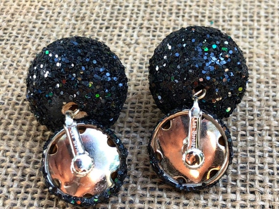 Signed Les Bernard Black Glitter Ball Drop Earrin… - image 3