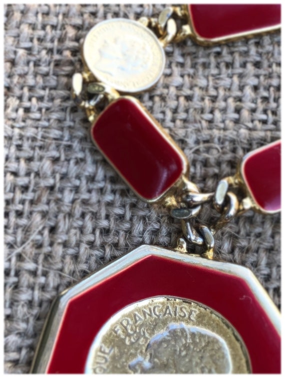 1970s RARE Goldette RED enamel French Coin Neckla… - image 9