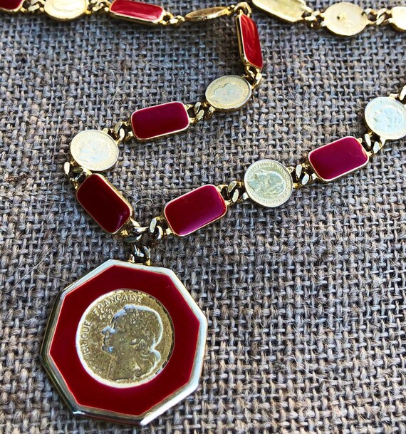 1970s RARE Goldette RED enamel French Coin Neckla… - image 2