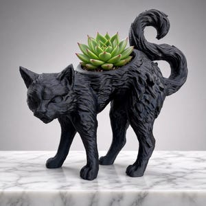 May include: A black cat-shaped planter with a textured, arched back and a curled tail. The cat is standing in a defensive posture with its head lowered. A green succulent plant with pointed leaves is potted inside the cat's back.