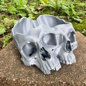 May include: A gray skull-shaped planter made of a 3D-printed material. The planter has two skull faces, with eye sockets and a mouth opening. The planter is sitting on a concrete surface, with green foliage in the background.