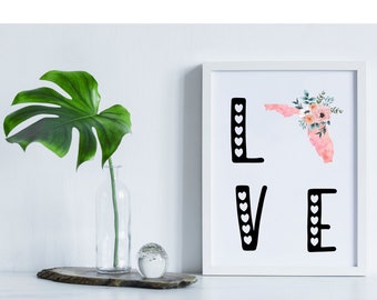 DIGITAL PRINT Florida Love, Florida print, florida art, tropical home decor, florida wall décor, printable wall art, home state décor