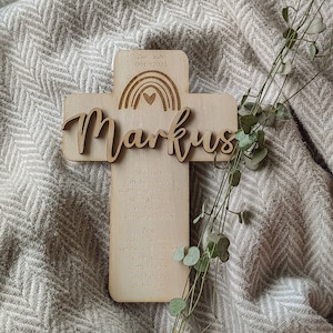 Personalized baptismal cross wood - name | Baptismal motto | Date