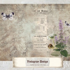 May include: Vintage grunge style digital paper with a newspaper clipping, flowers, and butterflies. The paper has a distressed, aged look and features the text "Vintagejoy Design Garden Grunge Collection".