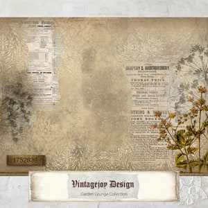 May include: Vintage style digital paper with a floral design, newspaper clippings, and the text "DRAPERY & HABERDASHERY", "THOMAS PRICE", "TOMAS SMITH", "OTHING & DO", and "JOHN ROGE". The paper has a grunge aesthetic and is part of the Garden Grunge Collection by Vintagejoy Design.