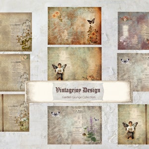 May include: A set of 9 digital paper backgrounds featuring a vintage grunge aesthetic with floral and butterfly motifs. The papers are perfect for scrapbooking, card making, and other crafting projects.