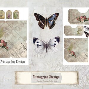 May include: A digital collage sheet featuring vintage-style images of butterflies, flowers, and tags. The sheet is designed for crafting and scrapbooking projects. The text "Vintage Joy Design" appears on the sheet.