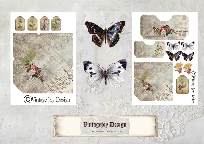 May include: A digital collage sheet featuring vintage-style images of butterflies, flowers, and tags. The sheet is designed for crafting and scrapbooking projects. The text "Vintage Joy Design" appears on the sheet.