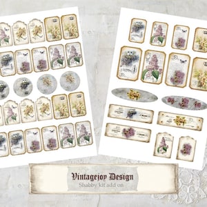 Puede incluir: Un conjunto de papel digital imprimible para scrapbooking con diseños florales de estilo vintage, mariposas, coronas y texto. El papel está en tonos crema, amarillo, morado y gris.